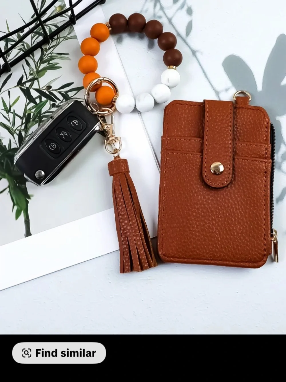 Dark Brown Leather Wristlet Keychain with Orange and White Beads